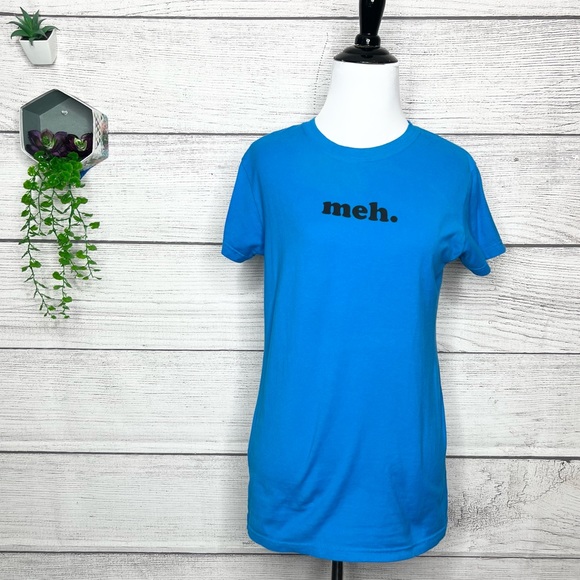 Meh. Electric Blue Funny Short Sleeve T-Shirt Women’s Size Large - Picture 1 of 6
